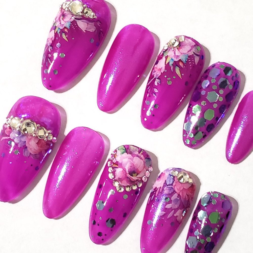 Medium Almond Gel Press on Nails " Jelly Flowers "